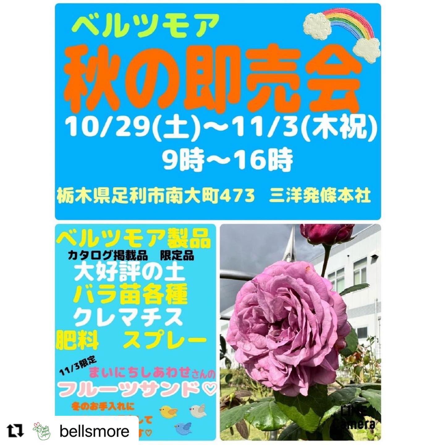 こんにちは
フルーツサンドと食パンの店
まいにちしあわせです。
いつもありがとうございます

春にコラボさせていただいた足利市のベルツモア様(三洋発條)の秋の即売会に出店いたします
2022.11.3(木・祝)9:00〜15:00頃まで
秋のフルーツサンドや焼菓子などをお持ちいたします。是非遊びに来てくださいね〜。
ーーーーーーーーーーーー

@bellsmore with @use.repost
・・・
秋の即売会

ベルツモア秋の即売会です。
今月末10/29(土)から、今回は5日間です。
11月3日限定で、春にフルーツサンドが大好評だった、
@mai_nichi.shiawase 
まいにちしあわせさんがきてくれます。
秋のフルーツサンド楽しみです♡
栗、ぶどう、柿・・・🤤

秋の即売会はゆっくりできてオススメです(*´ω｀)

ベルツモアのアイアン
いつも大好評のかっちゃんの土
バラの家さんから来るバラの苗
及川さんのクレマチス
冬の剪定・植え替えに使えるものをご用意してお待ちしています。

サイズが合えばお買い得なアーチなどもあります。

カタログにない商品も、これから商品化しようかな～なもの、
ルジャルダンサクレのMARIKOさんと作った、背の高い植物用の支柱
ステムサポートもあります(*´ω｀)

20日から秋のガーデンを公開される
サクレさんで先行販売されます。

背の高い宿根用の支え
ステムサポート。
しっかりしているのに、ほどよく一緒に揺れるので、折れるのを防止できます。
あったらいいなーと思いつつ、
お客様にもいろいろご相談されつつ、
しっかりがっちりしたほうがいいのか、
揺れたほうがいいのか、
どれくらい揺れたらいいのか・・・
長年悩んでいたところにMarikoさんとコラボできました

高さによっても、線の太さでも揺れ方が変わるので、やはり長年の経験からの貴重で的確なご意見はすばらしいです。

オープンガーデンの先駆者Marikoさんのお庭ルジャルダンサクレはベルツモアから1時間です。
＠1995le_jardin_secret 

東北道、この時期特に午前中は東京方面からはとっても渋滞しますので、お気をつけていらしてくださいね。

#ベルツモア　 #ベルツモア即売会　