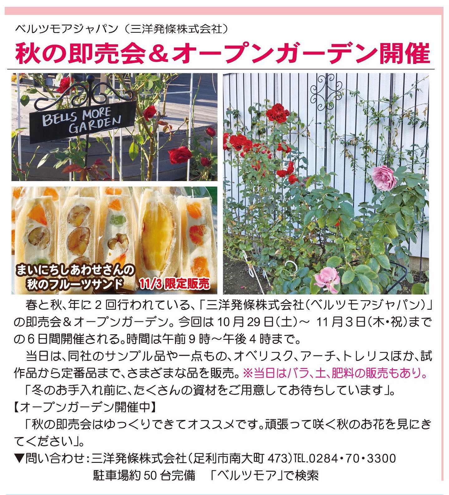 こんにちは。フルーツサンドと食パンの店、まいにちしあわせです。いつもありがとうございます。

2022.11.3(木・祝)9:00〜15:00頃まで
足利市の、ベルツモア様(三洋発條様)の秋の即売会に出店いたします。

本日10/28(金)のよみうりタイムス様に掲載されましたまいにちしあわせも載せていただきました。ありがとうございます‍♀️是非新聞取ってらっしゃる方はご覧下さいませ〜。

今回秋のフルーツサンド、渋皮栗、柿、シャインマスカット、焼き芋サンドなどと、その他サイドメニューもお持ちいたします。

️フルーツパンナコッタ(フルーツはその時のおまかせで)←NEW!
️スコーンアフタヌーンティーセット
(地粉のスコーンと特製生クリームと自家製ジャムのセット)←NEW！
️北海道マスカルポーネのチーズケーキ
(北海道マスカルポーネをふんだんに使用。軽い口当たりでいくらでも食べられちゃう)←前回好評！

盛りだくさんでお届けいたします〜できれば保冷バッグをお持ちくださいね☆

即売会でお買い物をしたり、秋のバラを堪能したりゆっくりご覧になって、良かったら当店ブースにもお寄りくださいませ〜。お待ちしております。