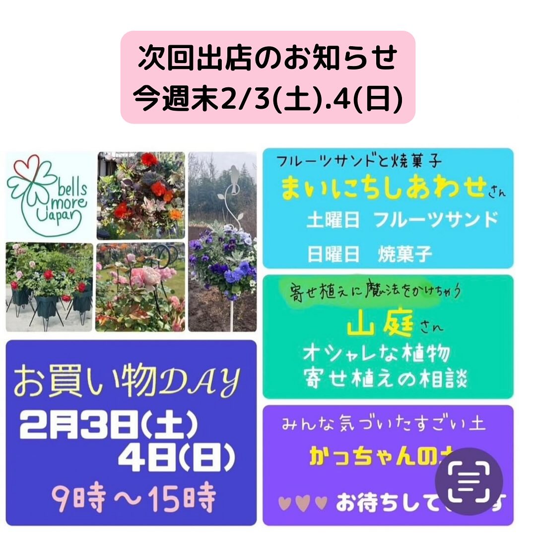 こんにちは。 フルーツサンドと食パンの店  まいにちしあわせです。 いつもありがとうございます。

今週末2024/2/3(土).4(日)
9:00頃〜15:00頃
ベルツモアさまお買い物DAY
足利市南大町４７３-4
 三洋発條株式会社本社
(ベルツモアジャパン)
に出店いたします。
今回は2日間出店いたします。
1日目フルーツサンド
2日目焼菓子とスイーツ

冬の開催は初！
各種トレリス、フェンス
草木が少ないので構造がよく分かる！とのことです。
山庭さんのお花と寄せ植え
@yamaniwa.2019
かっちゃんの土
などなどガーデニングお好きな方は必見！ワクワクします
春夏のお庭の準備に！
どうぞお越しくださいませ

【まいにちしあわせメニュー】
フルーツサンド
2/3(土)のみ

☆薬膳サンド&Teaのゆずサンド　
☆いちご(とちあいか)サンド
☆いちご(とちおとめ)サンド
☆いちご大福サンド
　　　(あんこ&いちご)→NEW！
☆ぽんかんサンド　　　　　　
☆あんこクリームサンド　　　　 　　　　☆チョコバナナサンド→NEW！ 
︎ホワイトチョコレーズンバター→NEW！
︎ポテサラサンド→NEW！ 　　
☆つがのさくらたまごサンド

栃木県産小麦の焼菓子とスイーツ
2/4(日)のみ

☆麦のかほりのカヌレ　　　　　
☆イワイノダイチのスコーン　　　　　　
☆名草のゆずスコーン
︎ブラウニー→NEW！
(バレンタイン限定)
☆くるみとバナナのケーキ　　　　　　　　
☆塩キャラメルラスク　
︎つがのさくらたまごプリン
︎いちごのパンナコッタ
︎名草のゆずのチーズケーキ→NEW！

DMで事前ご予約も承ります。
何卒皆様お誘い合わせでご来場お待ちしております
