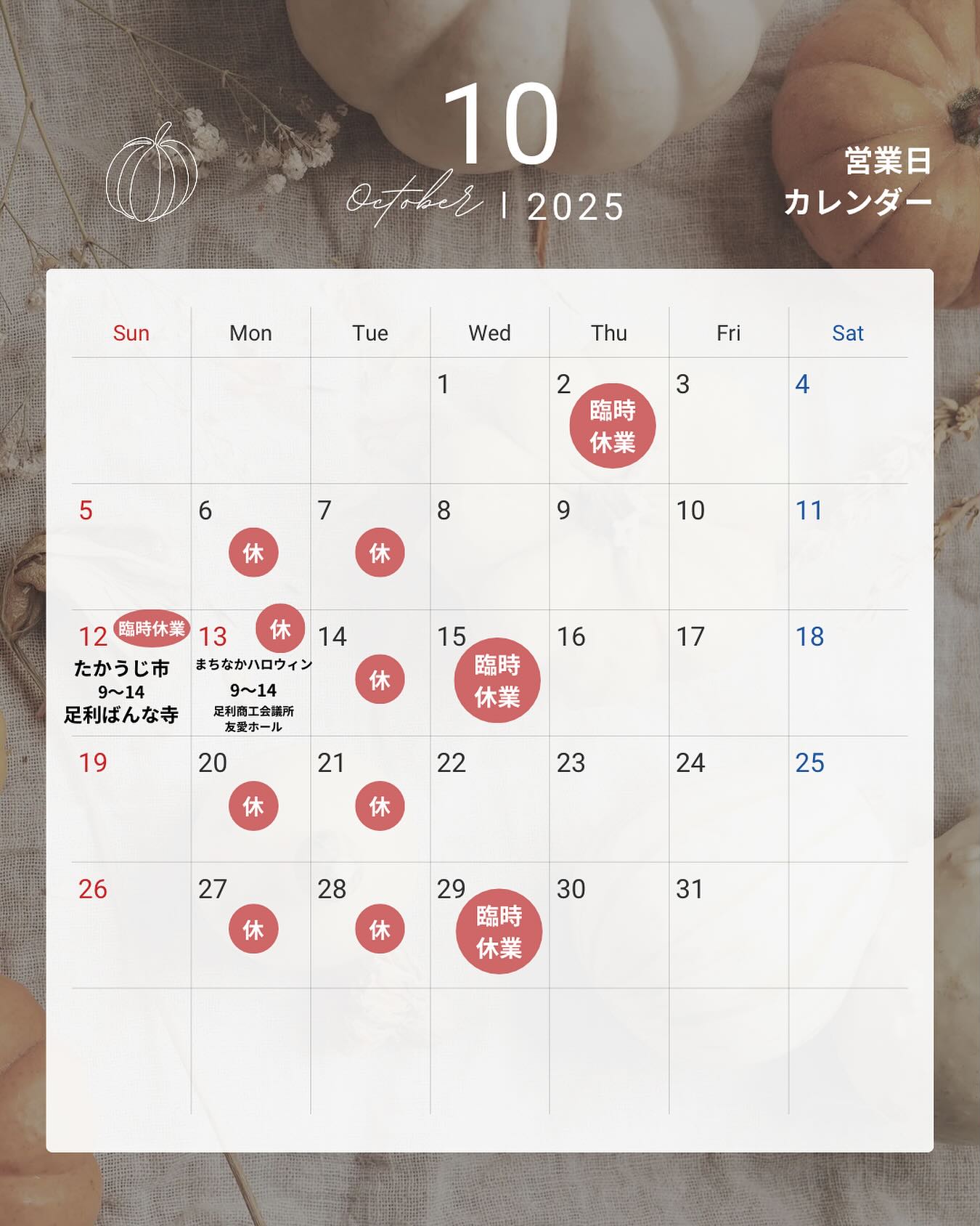 足利の旬果ぎっしり 
食パンが美味しいフルーツサンド 
『まいにちしあわせ』です

いつもありがとうございます。
10月のカレンダーです
10/2(木)は
食品衛生講習会の為
臨時休業です

10月といえばハロウィンですね！

️紫芋パンのかぼちゃクリームサンド
️紅玉りんごサンド
️柿の白ごま風味サンド
SmilefarmAshikagaさんの
️雄宝(ゆうほう)サンド
️マスカサーティンサンド
️シャインマスカットサンド

メロンサンドは終了しました️

定番サンド
️ミックスフルーツサンド(日替り)
️オレオバナナサンド
️三船屋さんのあんクリームサンド
️つがのさくらたまごサンド
️平日限定ポテたまサンド
️平日限定ハムたまごチーズきゅうりサンド

秋も深まって来ました
美味しいサンドイッチの季節
お楽しみくださいね♪