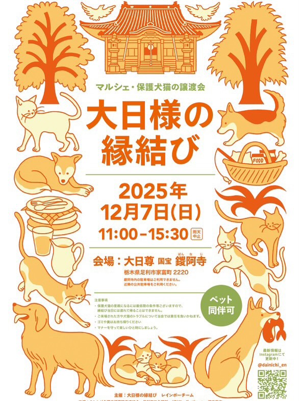 明日12/7(日)
保護猫、保護犬譲渡会
大日様の縁結び
(鑁阿寺ステージ前広場)
出店いたします。
家族を迎えたい方、保護活動にご関心のある方、活動の様子をご覧いただければと思います。ステキなお店がたくさん集結していますので、遊びに来るだけでも。
売上の一部を保護団体に寄付いたします。
皆様のお越しをお待ちしております。