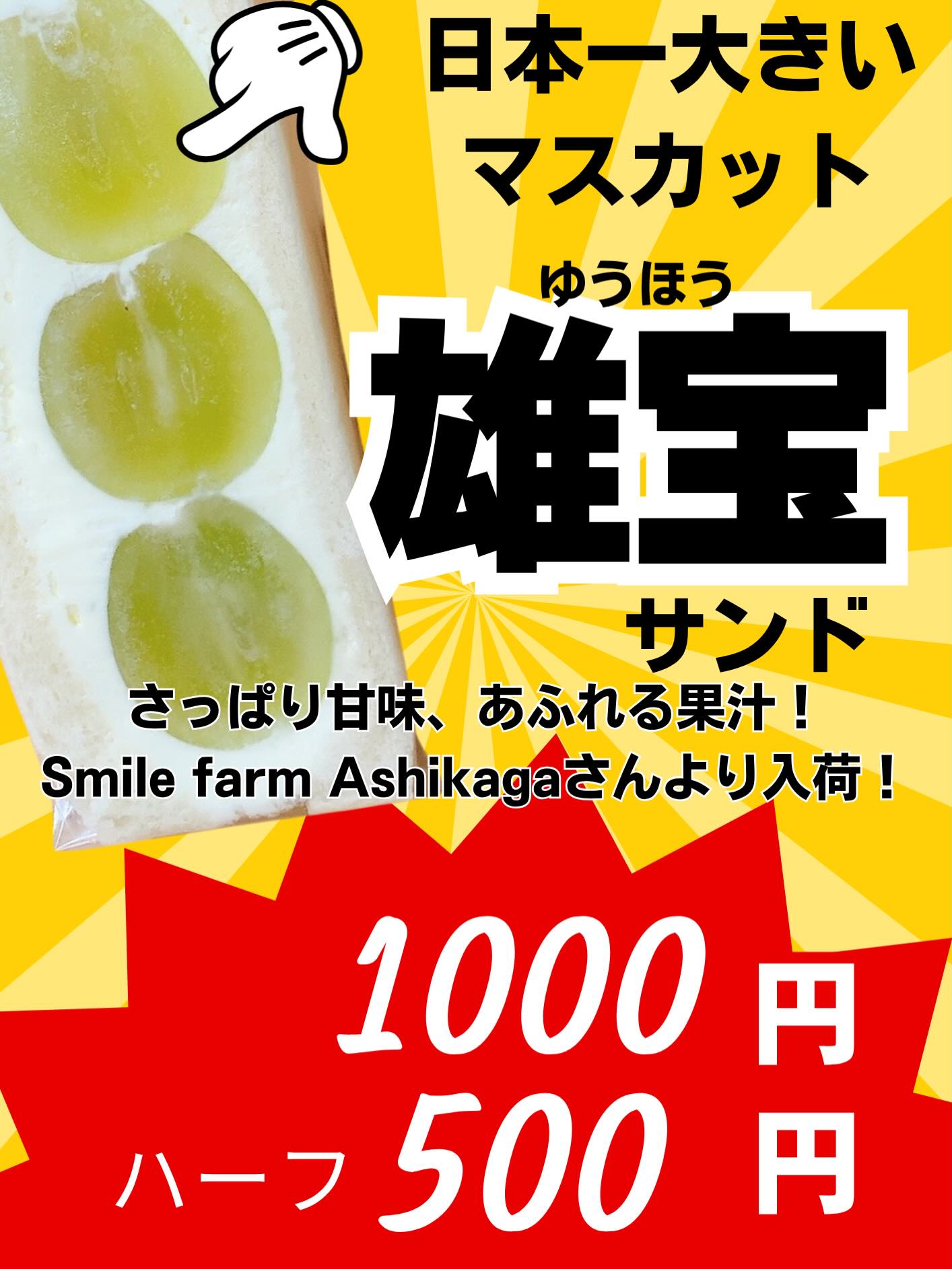 本日10/16(金)〜
マスカット祭り〜！
@smilefarm_ashikaga  さんより入荷！

足利の旬果ぎっしり  食パンが美味しいフルーツサンド 『まいにちしあわせ』です いつもありがとうございます

️日本一大きいマスカット
雄宝サンド

️みんな大好き
シャインマスカットサンド

つるっとした果肉と濃い甘さの
️マスカサーティンサンド

みかんサンドも本日より店舗にて
発売です！

️かぼちゃクリームサンドは
今月いっぱい10/31ハロウィンまでの限定です

明日のすぎのこ祭のメニューは後ほど
お知らせいたします！
店舗も営業いたします！